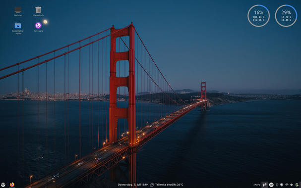 Ein Computer-Desktop mit der Golden Gate Bridge bei Dämmerung als Hintergrundbild. Auf dem Desktop sind Icons und Systeminformationen zu sehen.