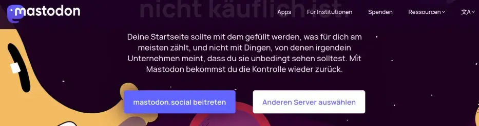 Die Mastodon-Website mit dem Logo Es gibt zwei Schaltflächen zum Beitreten zu Mastodon.social oder zur Auswahl eines anderen Servers.